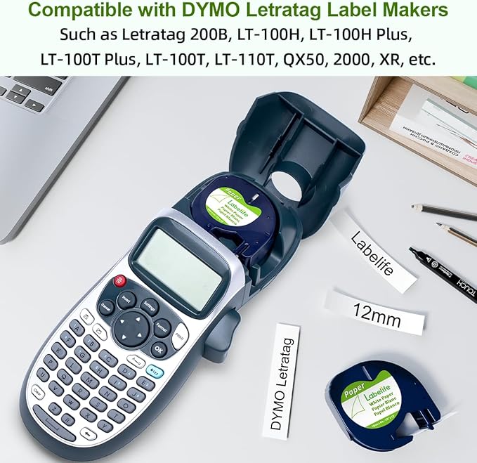 Replace for DYMO Label Maker Refills LetraTag White Paper 91330 10697 LT Refill Tape for DYMO Letra Tag LT 100H LT-100T Plus 200B QX50 Labeler, 12mm x 4m 1/2'' x 13', 6-Pack