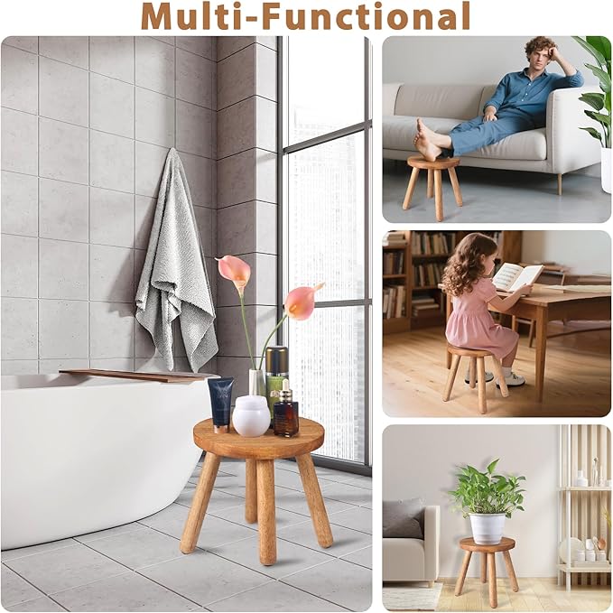 Round Solid Wooden Step Stool, 9.3''H Non-Slip Indoor Plant Stand, Portable & Sturdy Wooden Plants Stand, Gardening Display Footstool for Decor Living Room Patio -Walnut