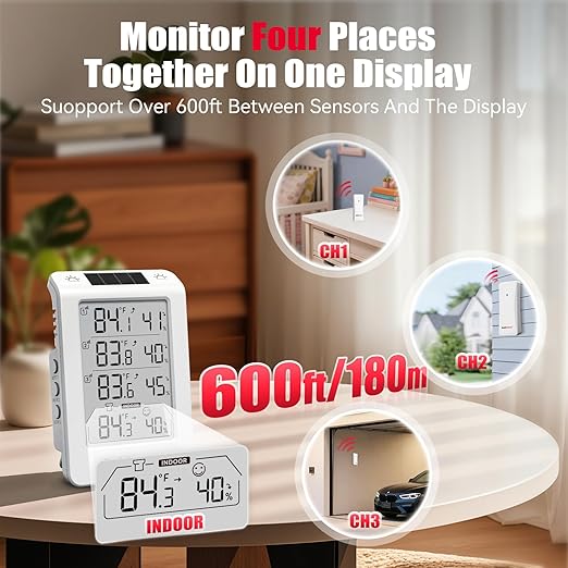 BaldrTherm Solar Photosensitive Three Channel Thermo-Hygrometer, Wireless Temperature & Humidity Monitor with 330ft Range, 4.8" Digital Display, Smart Backlight, Real-Time Alerts, White