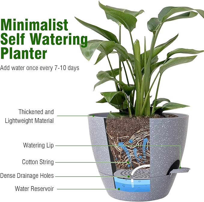 WSMKSZ 10 inch Self Watering Pots, Planter, Plant Pots with Mesh Drainage Holes for Indoor Outdoor House Plants and Garden, Set of 2 Plastic Flower Pots with Deep Reservoir, Speckled Grey