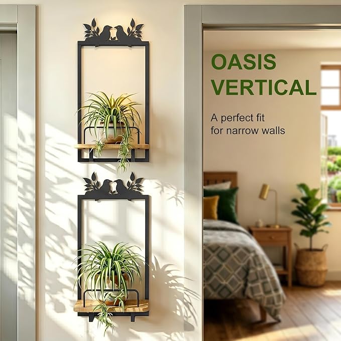 Shineled Wall Planter for Indoor Plants 2 Pack, Wall Mounted Plant Holder for Small Plants, Floating Wall Shelf for Plants, Real Oak Wood, Magnetic Animal Decor, Home Wall Decor (Bird)