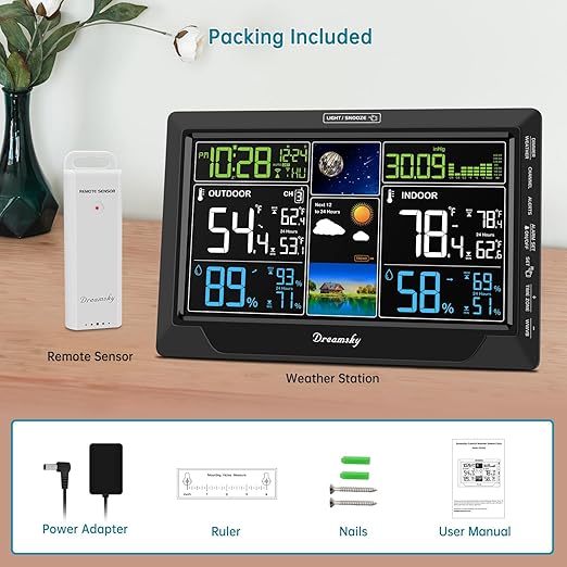 DreamSky Weather Station Indoor Outdoor Thermometer Wireless with Digital Atomic Clock for Home, Large Display with Dimmer, USB Port, Inside Outside Temperature Humidity Monitor (Plug-in)