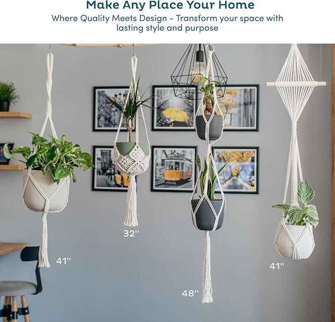 Nook Theory 4-Pack Macrame Plant Hangers with 8 Hooks - Hanging Planters for Indoor Plants, Boho Macrame Hangers Indoor Outdoor, Decorative Plant Hanger Indoor (Light Gray)