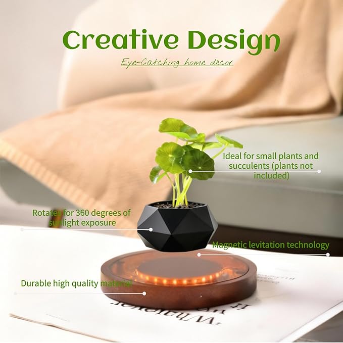 MOOCCI Magnetic Levitation Lamp, Floating Plant Pot with Glowing Base for Home Decor, Creates Romantic Ambiance, Modern Nightstand Lamp and Thoughtful Gift for Lover (Black)