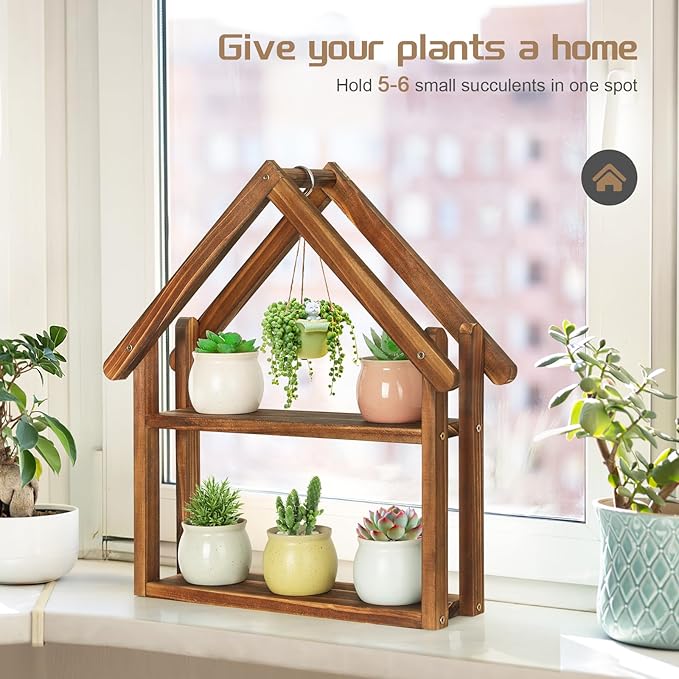 Jotsport 2 Tier Windowsill Plant Stand Small House Wood Plant Shelf Desktop Succulents Holder for Kitchen Living Room Office