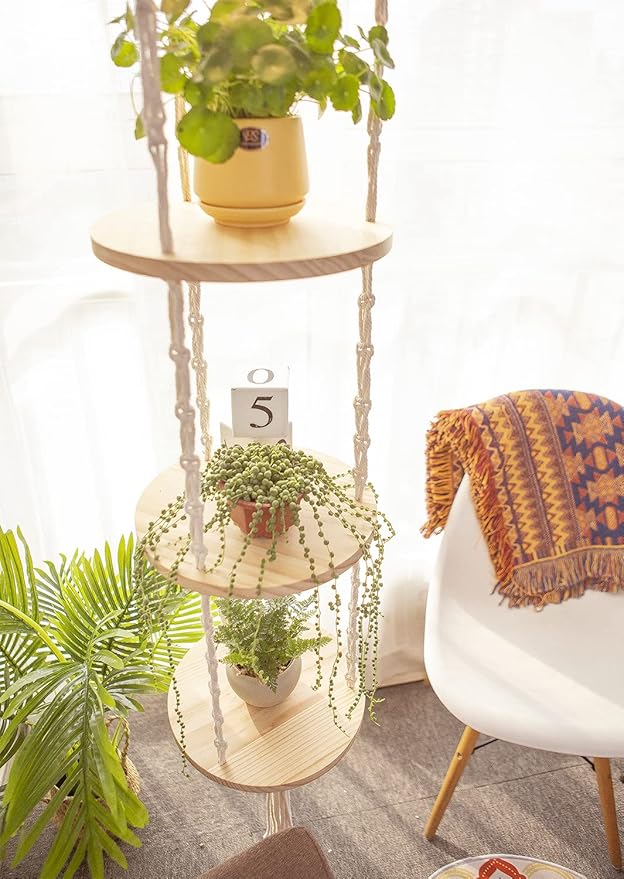 YKBU Macrame Plant Hanger Shelf Hanging Rope Shelf Indoor with Boho Lamp Shade 3 Tier Floating Round Shelves Decorative Shelf Flower Pot Holder Planter Display Rack Boho Home Decor-1 Set