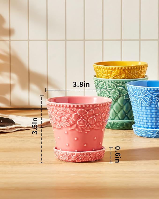 Metahom Succulent Ceramic Pots, 3.8 Inch Small Plant Pots with Drainage Hole & Saucer, Flower Planter Pot for House Plants Cacti, Home Decor, Set of 4, Assorted Colors