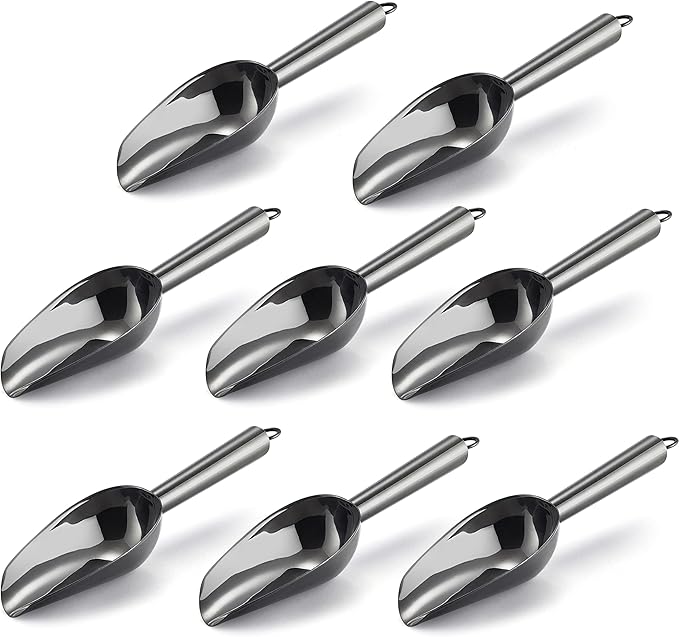 Mini Ice Scoop Set of 8, E-far 3 Ounce Platinum Black Stainless Steel Scoops for Candy/Flour/Sugar, Small Metal Scoops for Party/Canisters Jars/Kitchen Bar/Ice Maker, Rust Proof & Dishwasher Safe