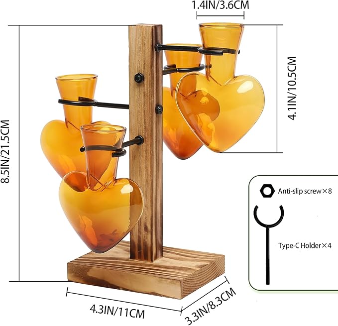 Plant Terrarium Propagation Stations with Wooden Stand, Glass Vase for Indoor Hydroponics Home Garden Office Decoration Gift for Women - 4 Love Bulb Vase