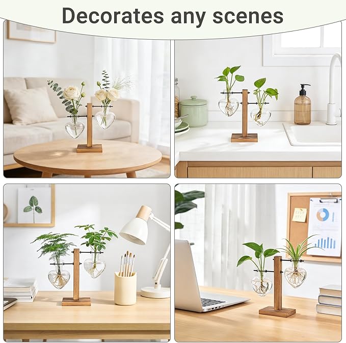 Mkono Heart Shaped Propagation Station with Wood Stand, Glass Hydroponic Planter Desktop Plant Terrarium for Home Office Decor, Gifts for Plant Lovers - 2 Love Bulb Pot Vase