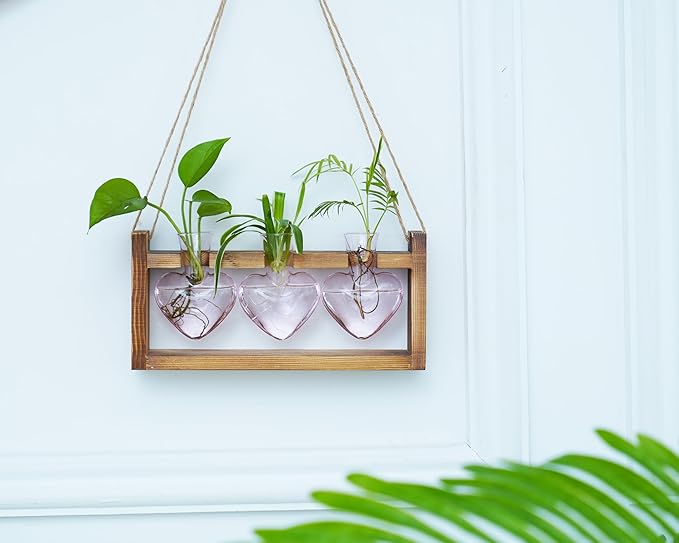 Kingbuy 3-Heart Plant Terrarium Kit with Vintage Wood Stand - Stained Glass Vase Propagation Station, Wall-Mounted & Tabletop Indoor Decor for Home Kitchen Wedding Gift, Light Pink