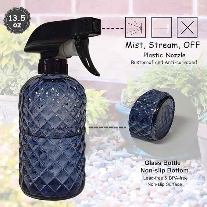 YYTSGG Glass Plant Mister Bottle, 13.5oz Refillable Water Spray Bottle with Adjustable Mist Nozzle for Indoor Flowers, Outdoor Gardening, Cleaning, Hair and Pets Care(Grayish Blue)