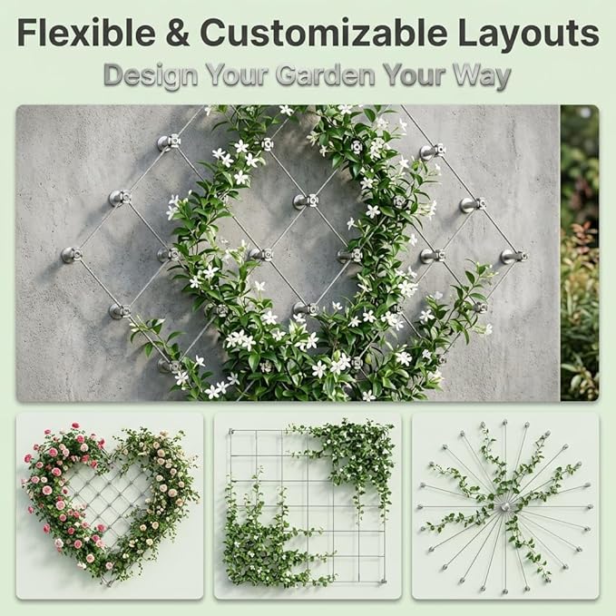 20 Set Wire Trellis Kit, 98ft x 2mm T316 Stainless Steel Cable & Cutter, Corrosion Resistant Outdoor Wall Espalier System for Climbing Plants and Vine Support (Installation Tools Included)