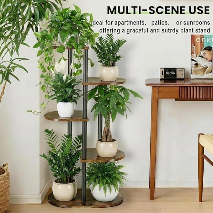 Tiered Plant Stand Indoor, Tall 5 Tier 6 Potted Wooden Plant Shelf for Multiple Flower Plants, Multi Corner Metal Plant Holder Indoor for Patio Garden Patent Design Living Room Balcony Bedroom, Rustic Brown