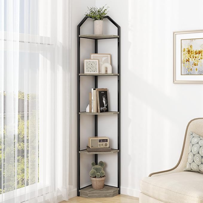 5 Tier Corner Wall Shelf Stand, 70" Metal Corner Shelves Bookshelf Display Shelf for Living Room Decor, Tall Plant Stand Multi Unit Organizer, Standing Shelf for Bedroom,Bathroom,Small Space (Grey)