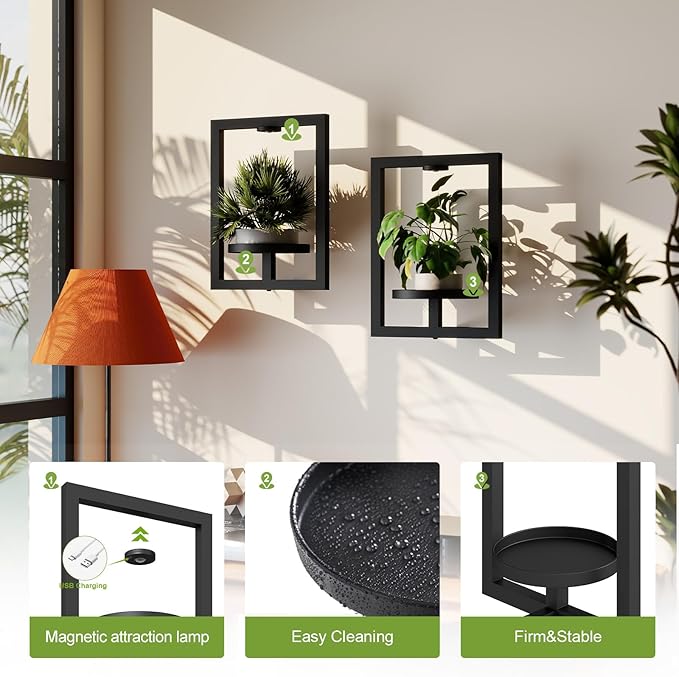 BAOYOUNI 2 Pack Picture Frame Wall Plant Holder with 15 Color Lights, Metal Window Plant Shelf, Modern Floating Plant Stand for Indoor Outdoor Patio Balcony Garden Living Room Bedroom