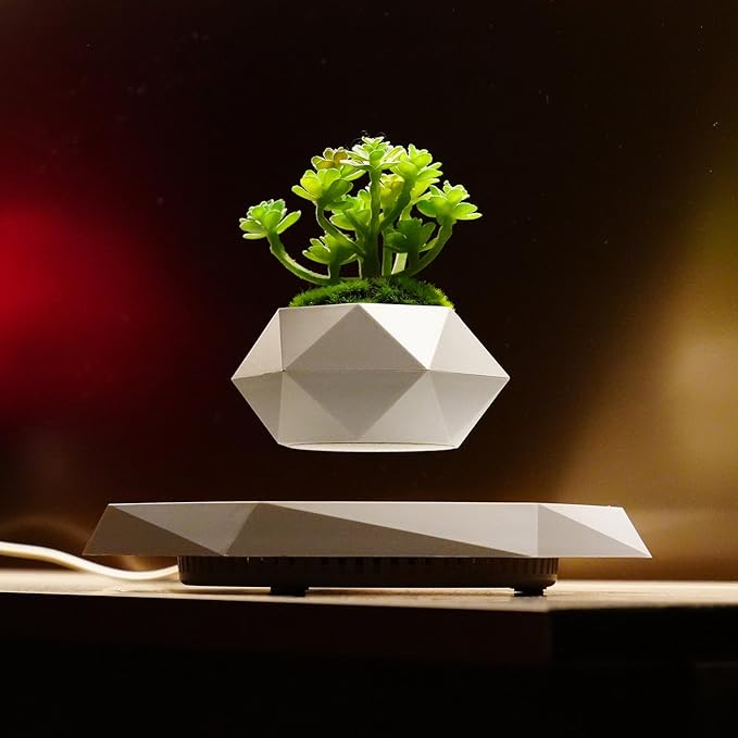 HCNT Levitating Plant Pot, Magnetic Levitation Flower Pot Rotating Planters Suspension Floating Planter Succulents Potted for Home Living Room Office Desk Decoration (White)