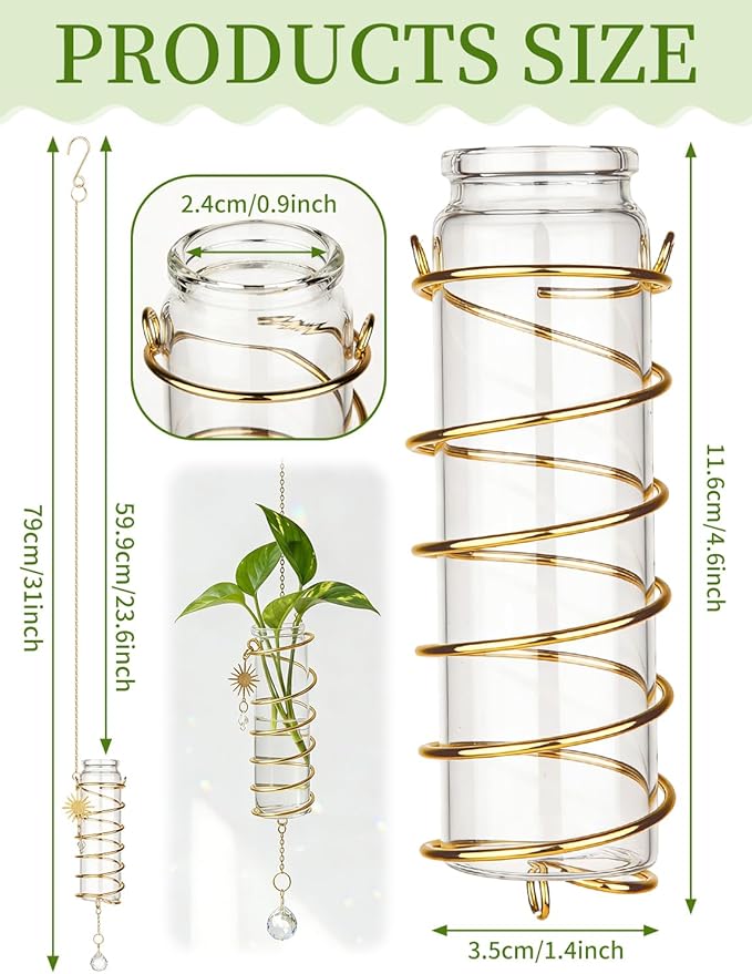 3 Pack Hanging Propagation Station with Crystal Sunshine Catcher Glass Window Propagation Tubes Vases with Gold Metal Chain for Indoor Hydroponics Plants Home Decor