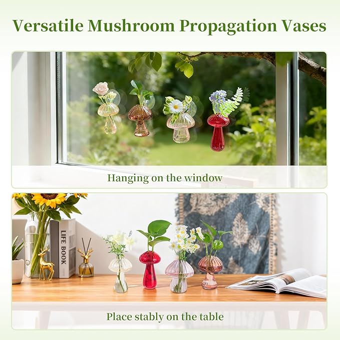 Glasseam Window Propagation Stations, 4Pcs Colored Mushroom Propagation Vases with Suckion Cups, Glass Wall Hanging Planter Terrariums for Flowers, Cute Indoor Small Plant Holder Gifts for Women