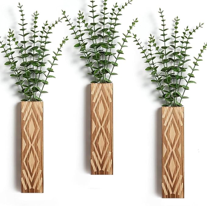 Wall Mounted Wooden Flower Vases Planter Geometric Pattern Hanging Floral Arrangements Container for Home Decors Natural Wood Vases Wall Decors