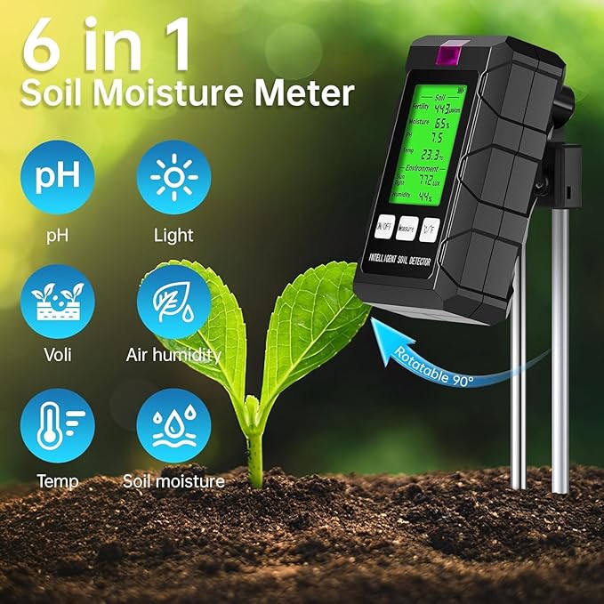 6-in-1 Moisture Meter, 2026 Dual Probe Soil Tester, Moisture/pH/Temperature/Sunlight/Air Humidity/Fertility, Perfect for Farming, Gardening, Lawns, Outdoor (2*AAA Battery Needed)