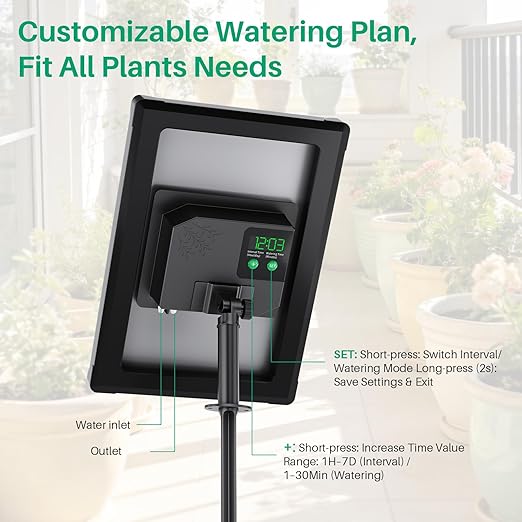 NFESOLAR 4W Solar Automatic Drip Irrigation Kit with LCD Timer, Customizable Watering Duration 1–30min & Interval 3h–7d, Anti-Siphoning Device for Potted Plants, Balcony, Garden, Patio, Vacation