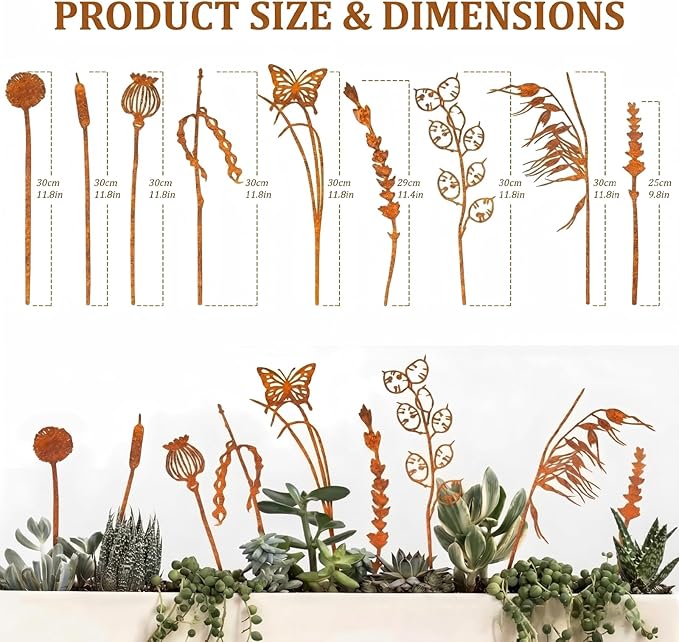 9PCS Metal Garden Stakes Decorative Flower Plant Stakes, Rustic Iron Yard Art Plant Picks for Outdoor Indoor Planters, Succulent Pot Decor, Lawn Patio Garden Ornaments, Gift for Garden Lovers