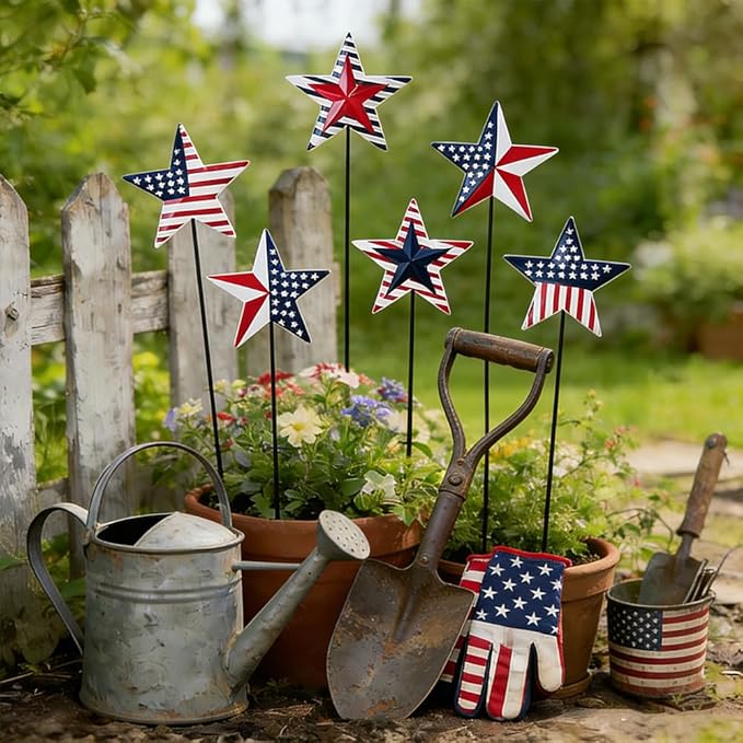 hogardeck 4th of July Decorations Outdoor, 6 PCS Metal Patriot Star Decorative Garden Stakes for Fourth of July Decorations, Patriotic Yard Signs for Garden Memorial Day Decorations
