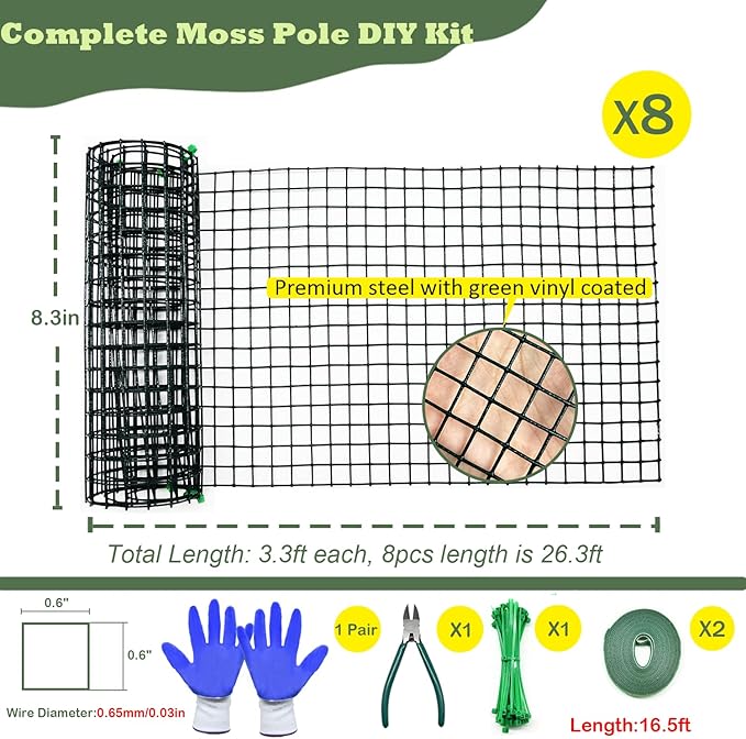 Moss Pole DIY Kit, 26.3ft Metal Moss Pole for Plants Monstera, 8Pcs 8.3in×3.3ft Steel Wire Mesh with Plier, Cable Zip Ties, Max Make 13Pcs 24" Plant Poles(26.3ft Wire Mesh with Plier)