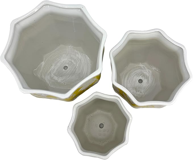 Galt International Yellow & White Round Fluted Floral Porcelain Ceramic Plant Flower Planter Pot Set of 3 (7.5", 10", 13") Garden Pots Chinese Asian Design