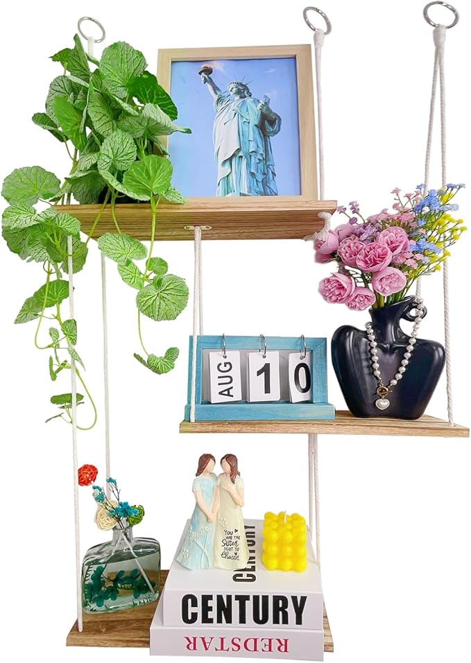 3-Tier Boho Hanging Shelves for Wall - Rustic Floating Wood Shelves with Rope, Macrame Plant Shelf Organizer for Home Decor - Farmhouse, Bohemian Style for Bedroom