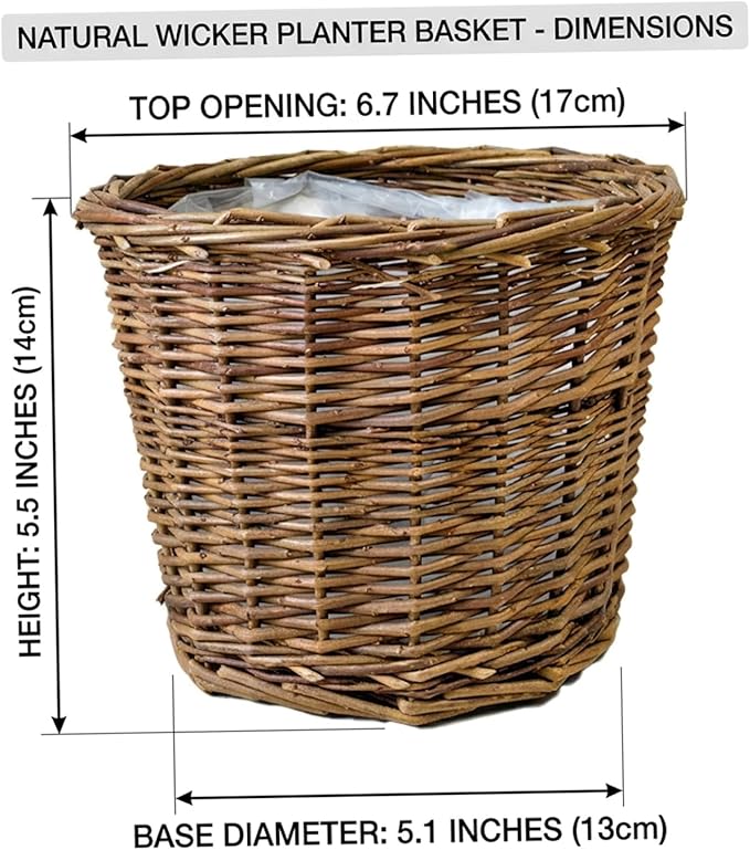 Wicker Planter Basket with Waterproof Liner - Handwoven Natural Brown Willow Plant Basket for Indoor Plants, Home Decor, and Garden Decor (6.7x5.5 Inch).