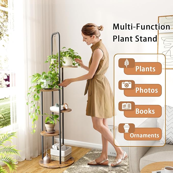 REFGY Tall Plant Stand Indoor - 5 Tier 6 Potted Vertical Plant Shelves with Hanging Hook - Multi-Tiered Wood Textured Plant Tower for Corner Space - Metal Plant Table for Home Office Decor, Rustic Brown