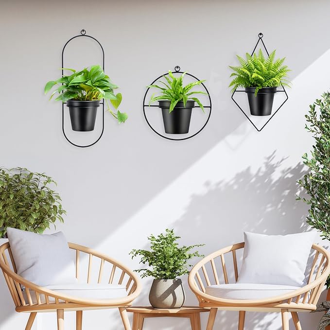 Geometric Wall Planters for Indoor Plants Set of 3 Black Metal Wall Mounted Plant Holder (Diamond & Oval & Round Shapes) with 5 Inch Flower Pots, Modern Hanging Planters for Indoor Decor