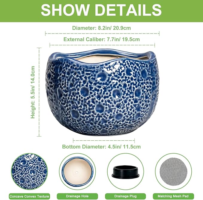 Ceramic Pots for Plants - 8 Inch Round Planter with Drainage Hole, Round Decorative Plant Pots for Indoor Outdoor, Modern Unique Flower Pot, House Living Room Decor, Home Gifts, Blue