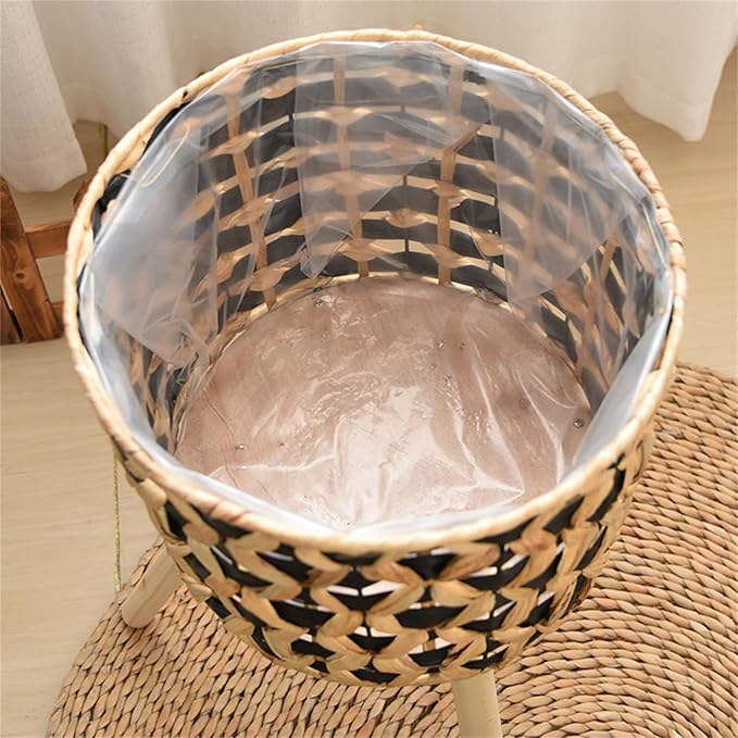 Woven Planter Baskets with Plastics Lining and 3 Wooden Legs, Wicker Planter Basket,Boho-Plant Pot with Stand,Plant Baskets Indoor with Liner for Plant, Flowers, Toy, Country Farmhouse