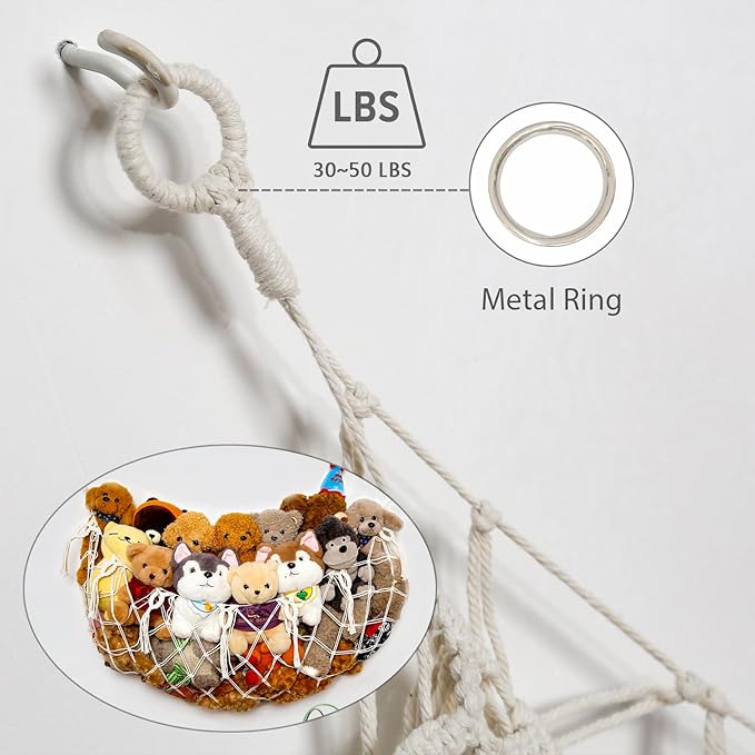YKBU Stuffy Animal Net for Stuffed Animals Storage Hammock Macrame Stuffed Animal Toy Display Plush Toy Holder Wall Hanging Net for Stuffed Animal Display (Cream,49" W)