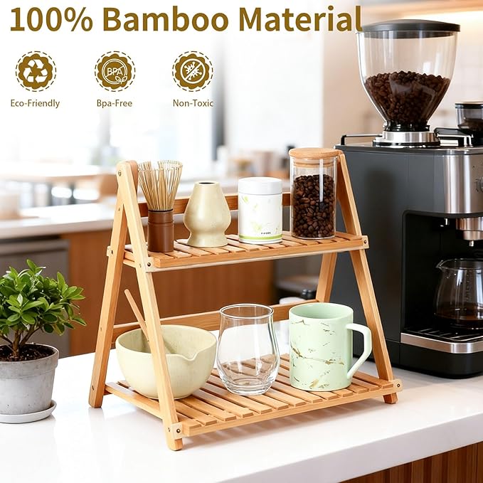 Coffee Station Organizer:2 Tier Foldable Bamboo Matcha Station Organizer Shelf,15.8" Countertop Display Rack for Coffee Bar. Desktop Flower Pot Rack for Kitchen,Window Sill,Living Room