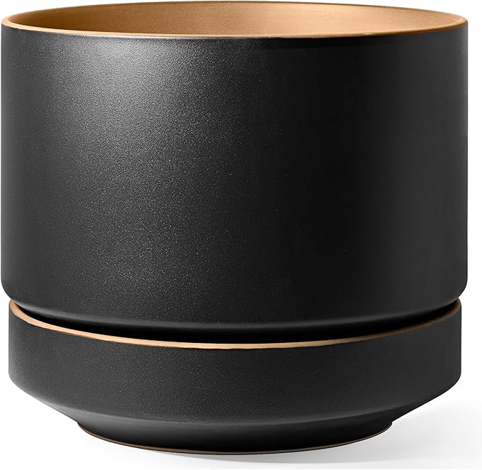 LE TAUCI 14 Inch Large Plant Pot with Saucer, Ceramic Outdoor & Indoor Big Planter with Drainage Hole, Mesh Pad Included, Matte Glazed Outside, Modern for Home and Patio, Obsidian Black & Ochre