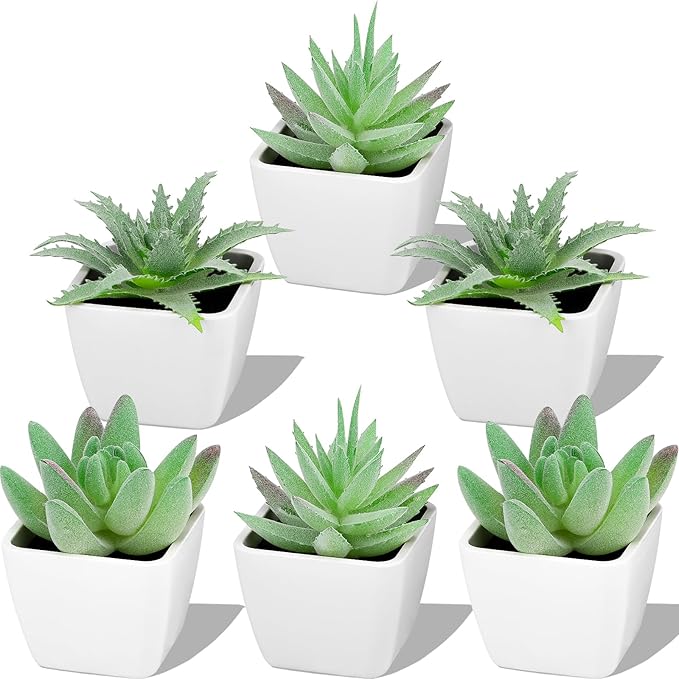 Woration 6pcs Faux Artificial Mini Flocking Succulent Plants in White Pots Fake Plastic Plants Topiaries for Shelf Table Windowsills Office Home Green Decoration