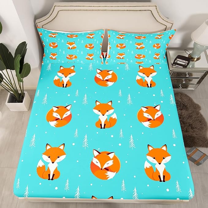 Kids Bed Sheets Queen Size Cute Fox Print Bed Sheet Set For Boys Girls Bedroom Cartoon Kawaii Decor Woodland Fox Wild Animal Bedding Set Children Toddler Fitted Sheet + Flat Sheet + 2 Pillow Case