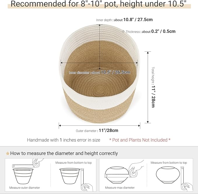 Dahey Jute Spliced Cotton Rope Plant Basket Modern Woven Storage Basket for 10.5" Floor Indoor Planter, Decorative Flower Pots Cover Laundry Bin with Handle Rustic Home Decor, White and Beige