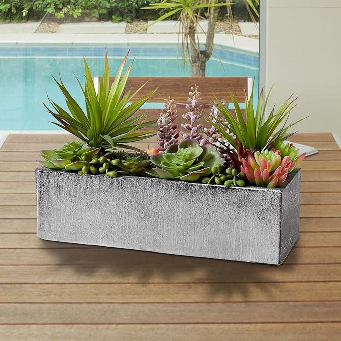WGVI Long Rectangle Ceramic Planter Vase in Silver Etched 12" x 4" x 4"H, Block Rectangular Terrarium Box Pot, Flower Arrangement, Table top Centerpiece, Home Decor Storage Container, 1 Pc.