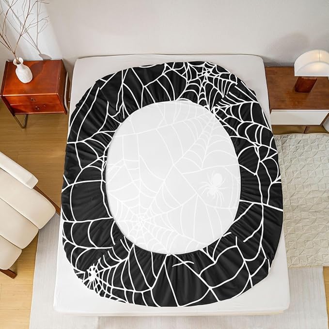 Feelyou Boys Spider Web Sheet Set for Kids Children Halloween Themed Bed Sheet Set King Girls Decorative Scary Spider Pattern Sheets Soft Bed Set Black White,Flat Sheet+ Fitted Sheet + 2 Pillow Case