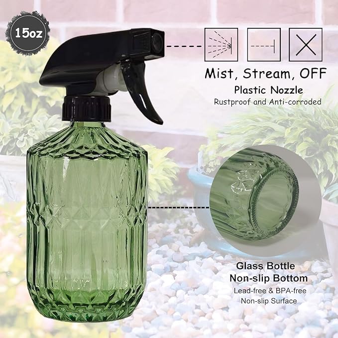 YYTSGG Glass Plant Mister Bottle, 15oz Refillable Water Spray Bottle with Adjustable Mist Nozzle for Indoor Flowers, Outdoor Gardening, Cleaning, Hair and Pets Care (Army Green)