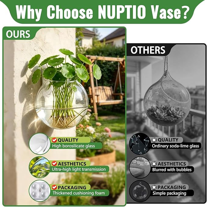 NUPTIO Wall Hanging Planters Terrarium: 12 Pcs Clear Glass Wall-Mounted Vases for Indoor Office Garden Living Room - Oblate Plant Pots Hydroponic Containers Propagation Stations for Flowers