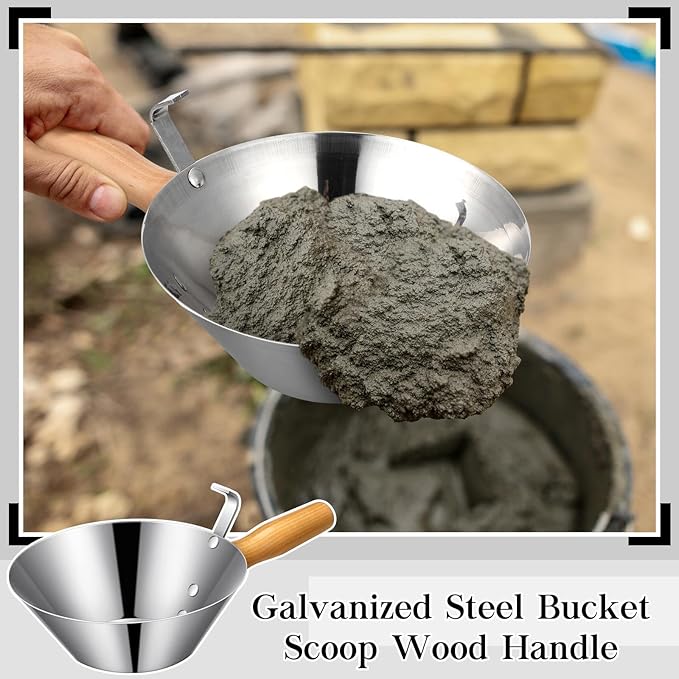 Shimeyao Galvanized Steel Bucket Scoop Wood Handle Strong Heavy Duty Rust Resistant Bucket Scoop for Construction Jobsite Landscaping Garden Stucco Tools for Outdoor Material Handling