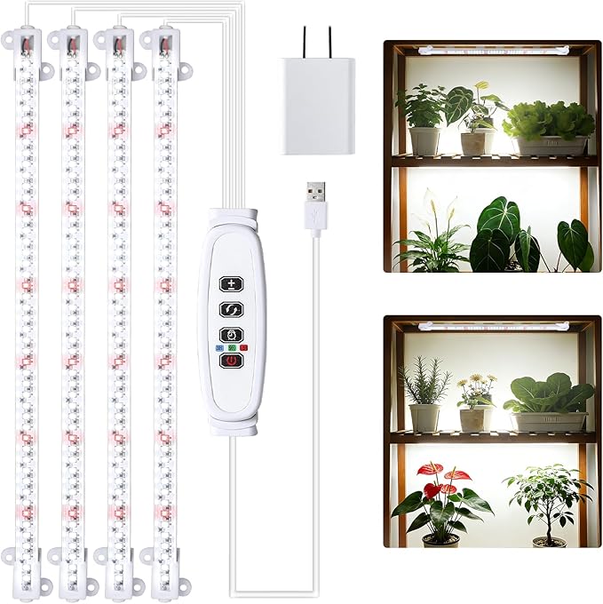RWNTAO Grow Lights for Indoor Plants, 13" Grow Light Strips with Timer 3/9/12 H, 10 Dimmable Levels, 192 LEDs Full Spectrum Sunlight Plant Growing Lamp for Indoor Greenhouse Seedlings, 4 Head