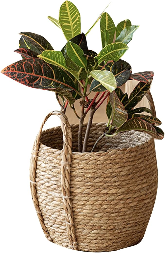 Versatile Rattan Grass Woven Flower Basket Planter For Living Room Floor Standing Storage Balcony Garden Decoration Sea Grass Basket With Handle Decorative For Organizing Natural Grass Basket And