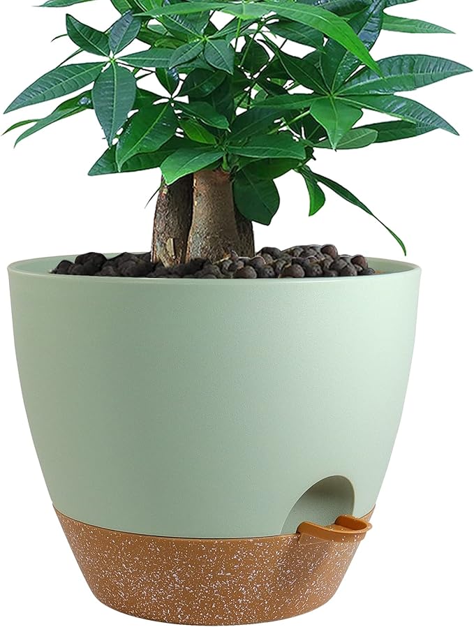 UOUZ 12 inch Large Self Watering Pots, Plastic Planters with 60oZ Removable Deep Reservoir and Multi Mesh Drainage Holes for Indoor Outdoor Garden Plants and Flowers, Green with Brown